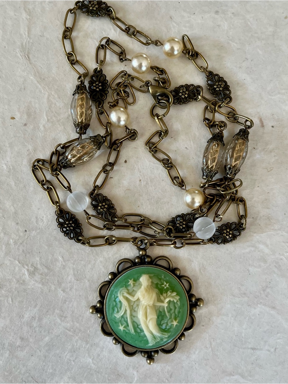 Wedgwood Style Sage Green Vintage 70s Cameo Necklace